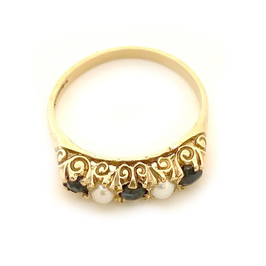 Vintage 1980s Sapphire & Pearl Ornate 9ct Gold Ring