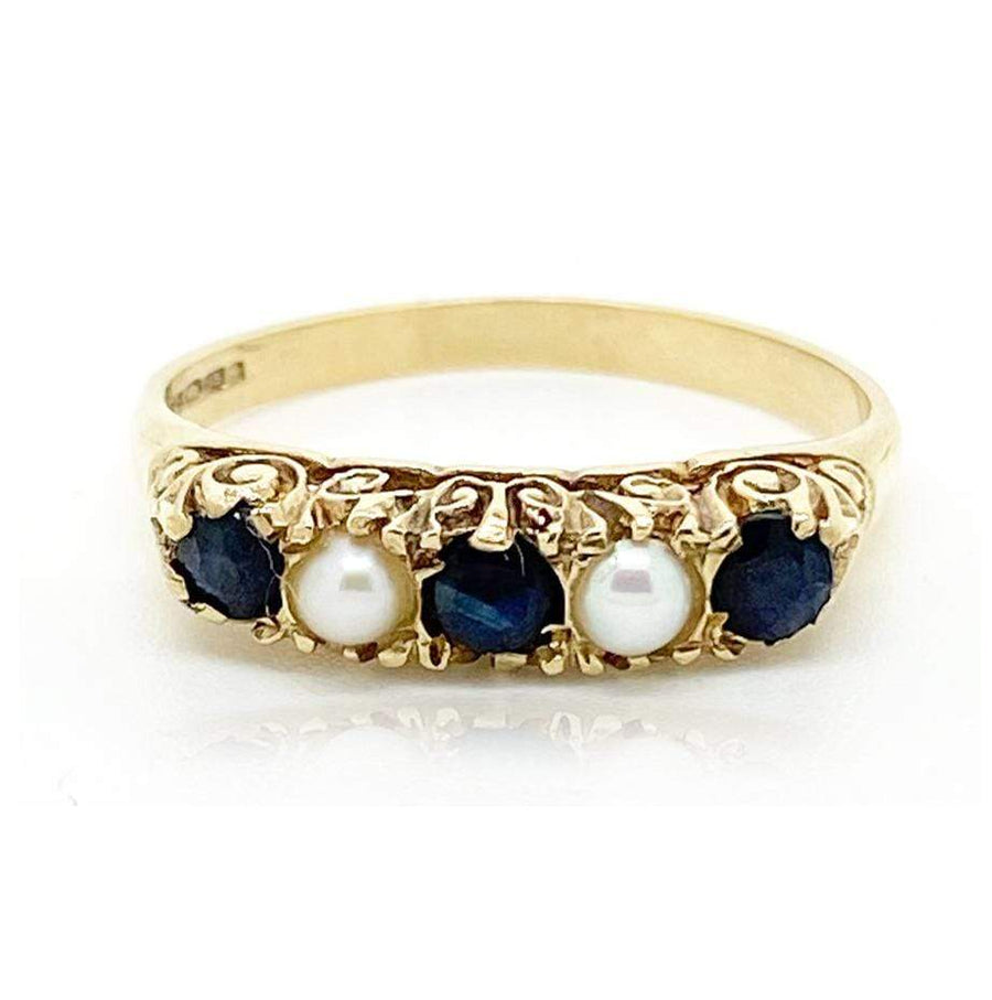 1980s Ring Vintage 1980s Sapphire & Pearl Ornate 9ct Gold Ring
