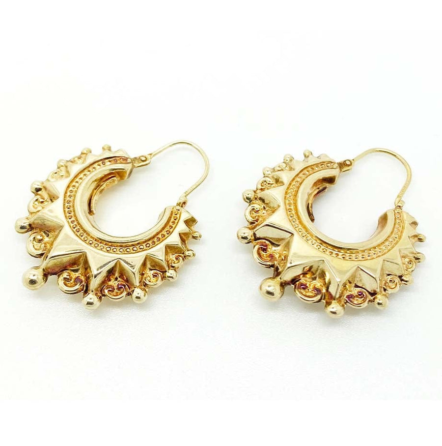 1990s Earrings Vintage 1990s 9ct Gold Ornate Ball Creole Hoop Earrings Mayveda Jewellery