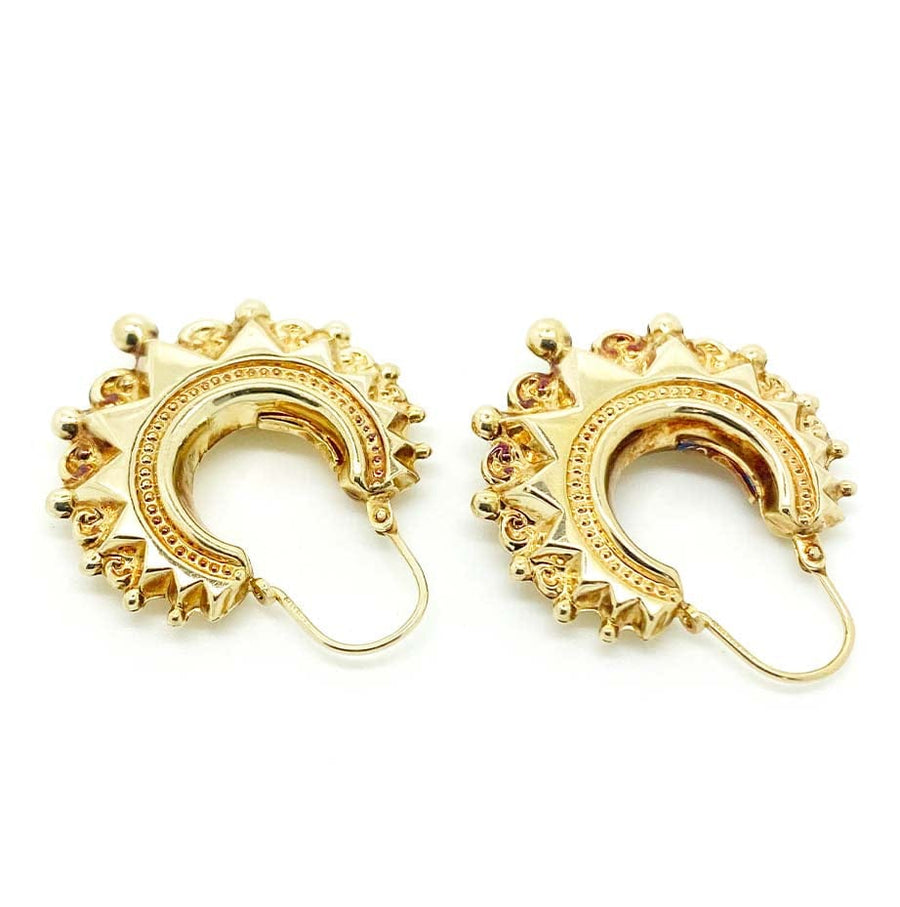 1990s Earrings Vintage 1990s 9ct Gold Ornate Ball Creole Hoop Earrings Mayveda Jewellery