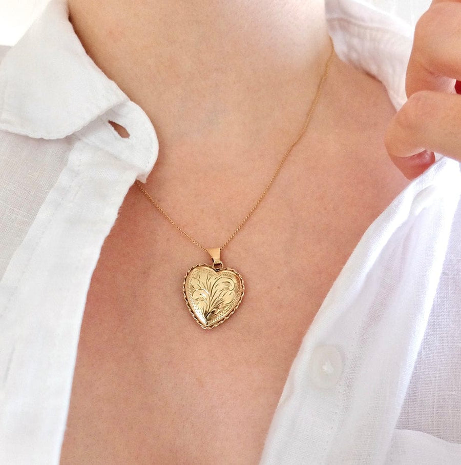 1990s Necklace Vintage 1991 Engraved 9ct Gold Heart Locket Necklace Mayveda Jewellery