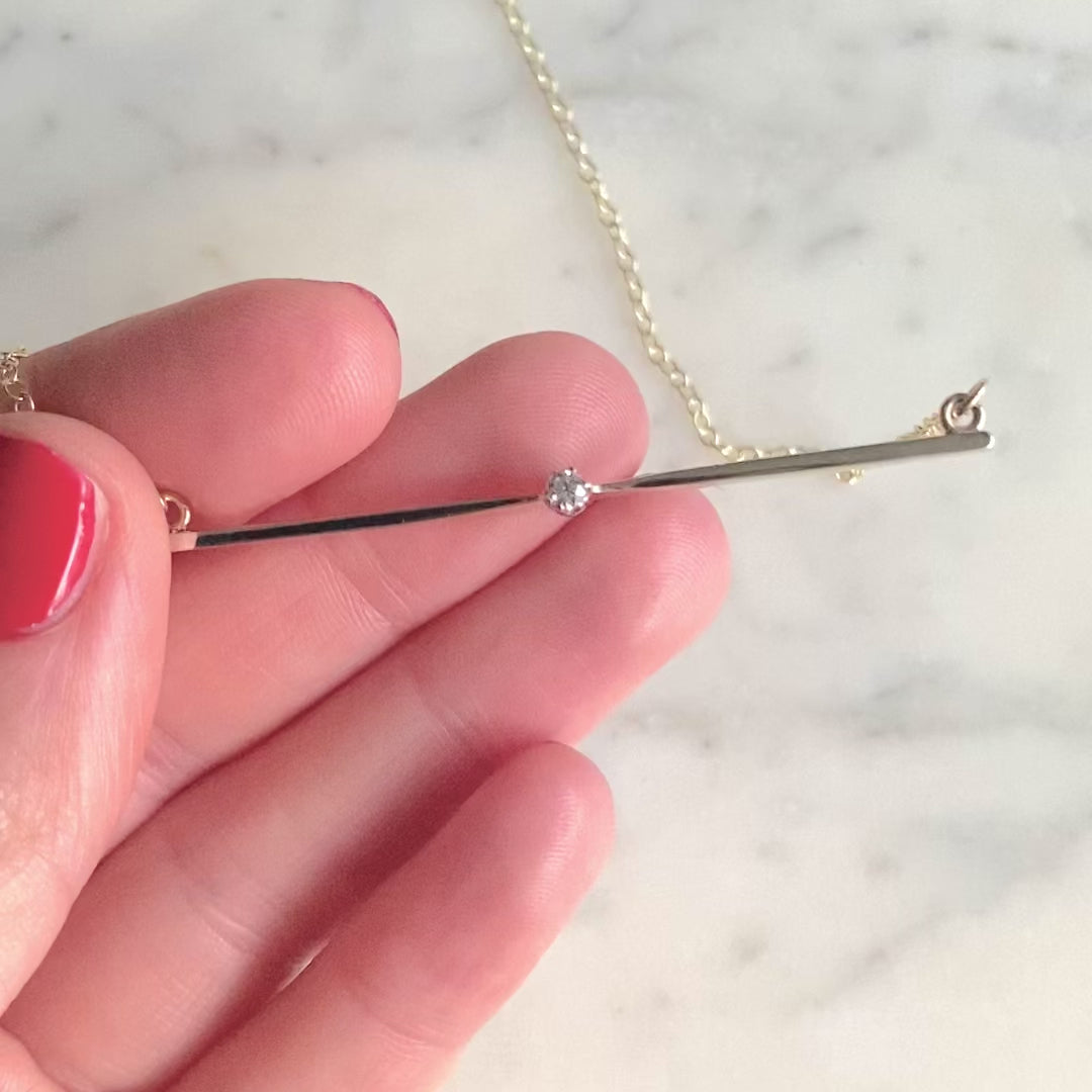 Edwardian Solitaire Diamond 15K Gold Antique Bar Necklace, video