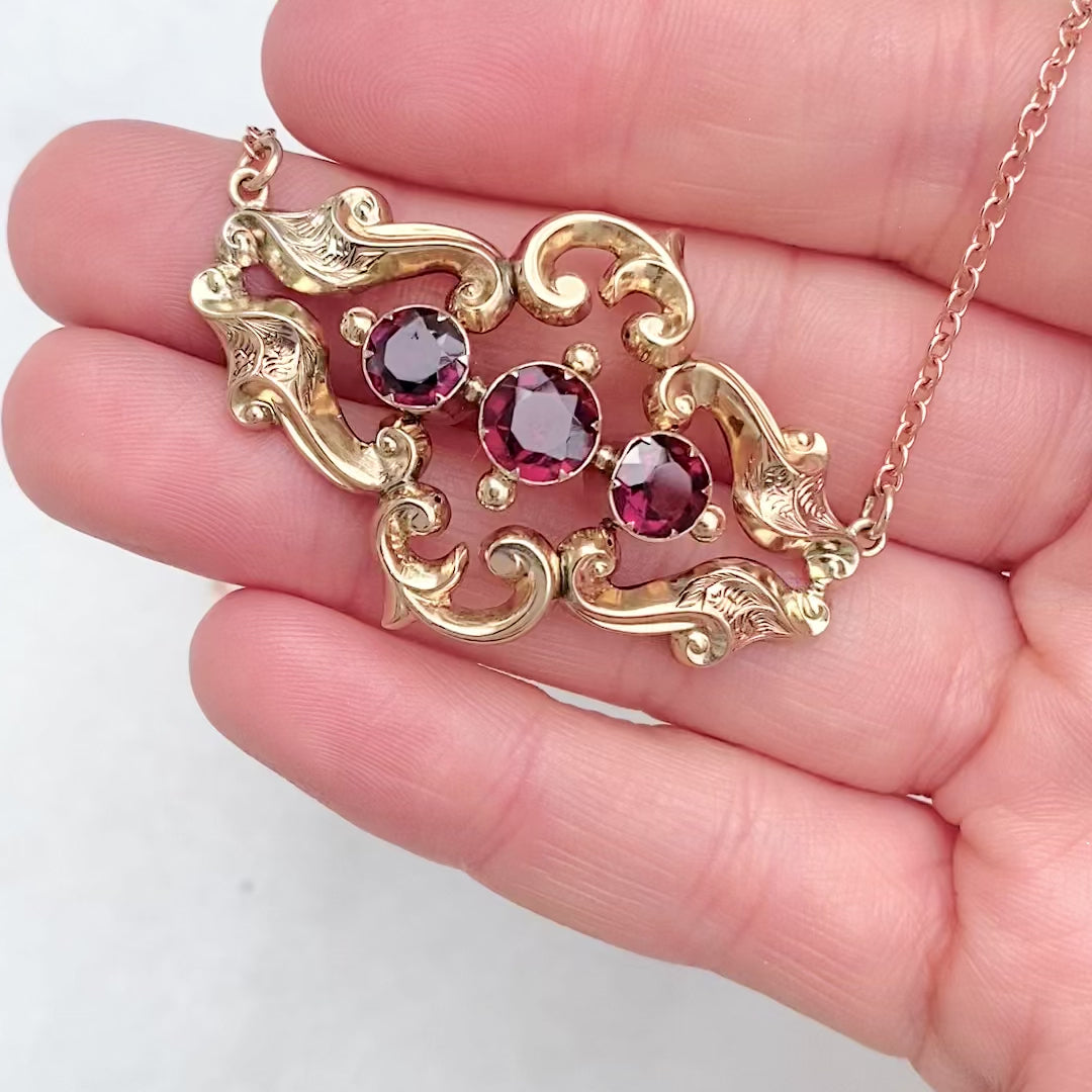 Antique Victorian 9ct Gold Garnet Necklace, video