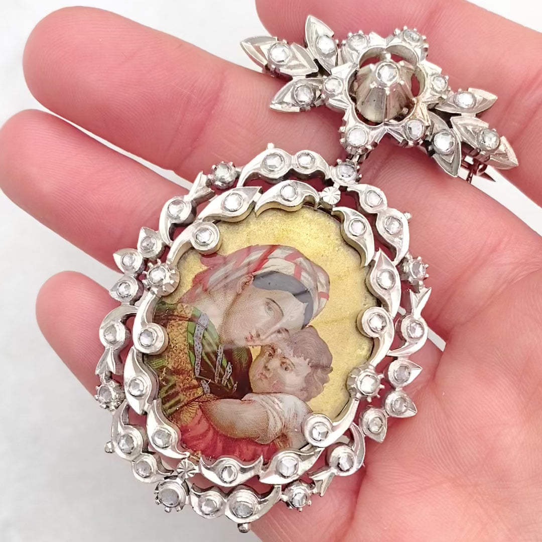 Georgian 1.5 Carat Rose Cut Diamond Silver and 9K Rose Gold Virgin Mary Antique Brooch Pendant, video