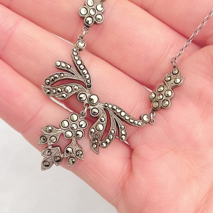 Vintage 1930s Marcasite Sterling Silver Flower Necklace