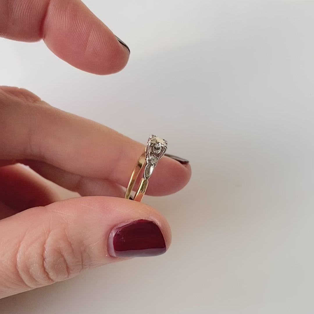 1930s 0.25 Carat Round Brilliant Diamond 18K White and Yellow Gold Vintage Engagement Ring, video