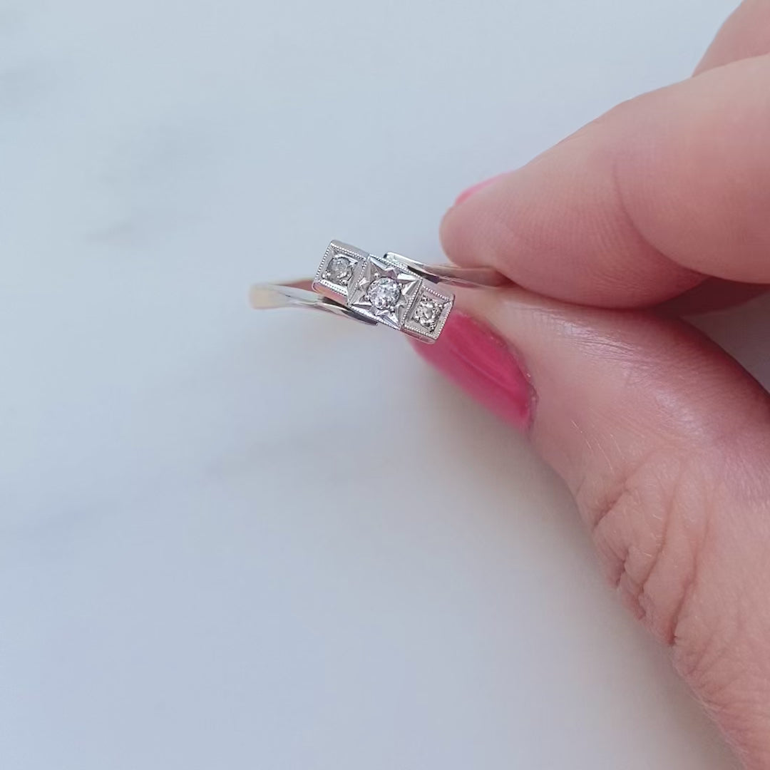 Art Deco Three-Stone Diamond 9K Gold and Platinum Ring, video
