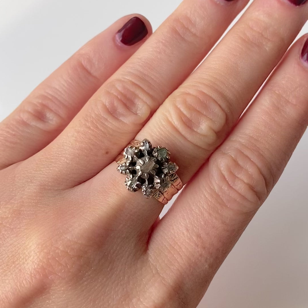 Antique Georgian Rose Cut Diamond 9ct Rose Gold Ring, video
