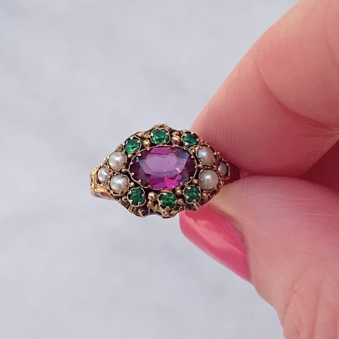 Anillo victoriano antiguo granate almandino de 1873 de 15 quilates, video