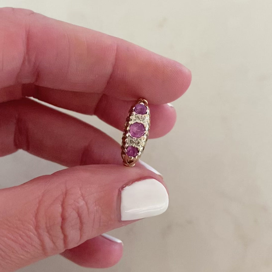 Vintage 1990s Pink Sapphire Diamond 9ct Gold Ring