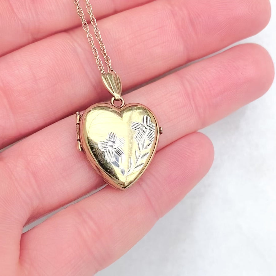 Vintage 1970s Silver Gilt Flower Heart Locket Necklace