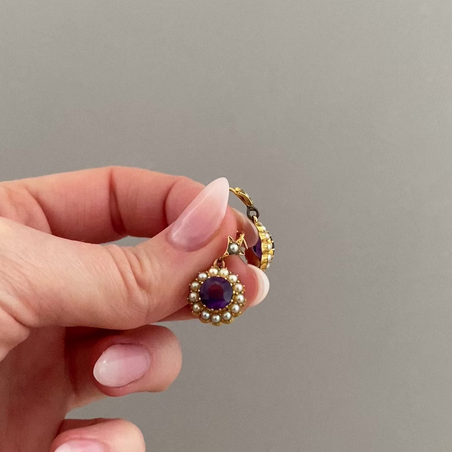 Antique Victorian 15ct Amethyst Seed Pearl Drop Earrings