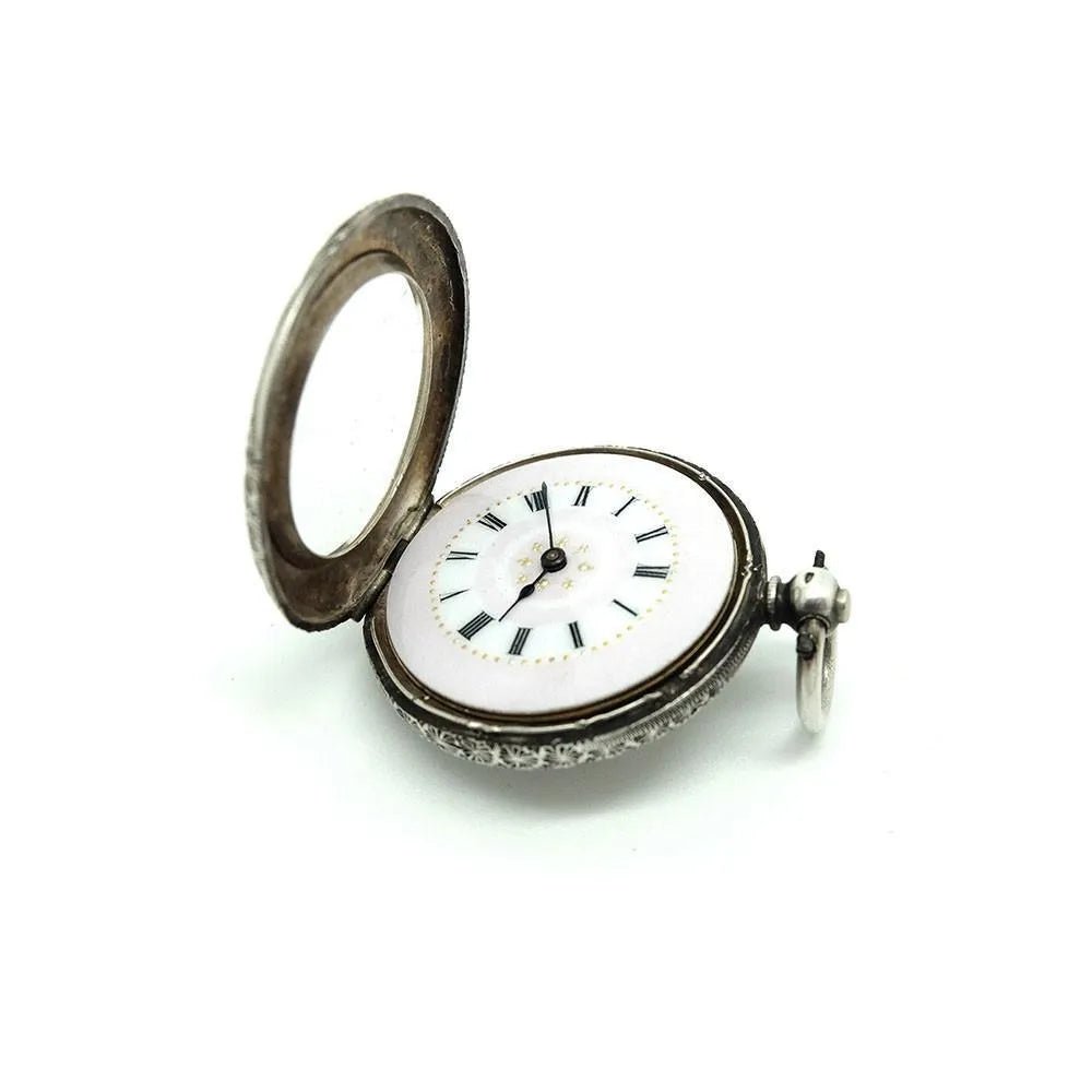 Antiguo reloj de bolsillo suizo de plata esterlina y esmalte rosa de 1888, view 3