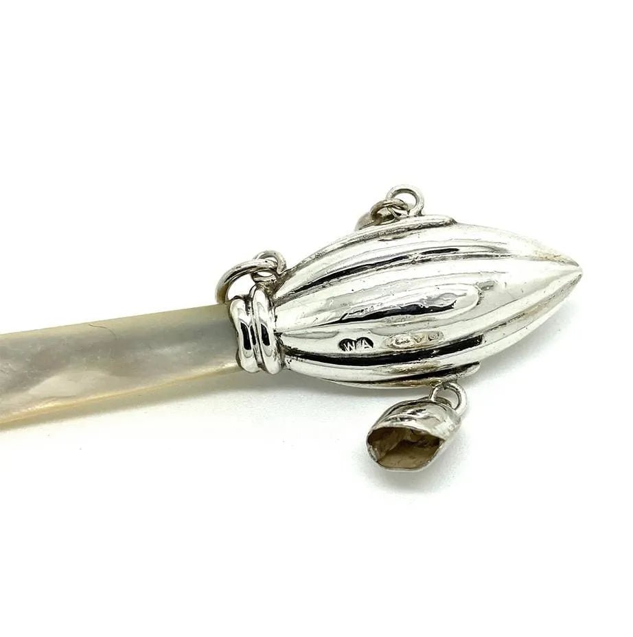 Edwardian 1906 Sterling Silver and Mother of Pearl Antique Baby Rattle, view 3