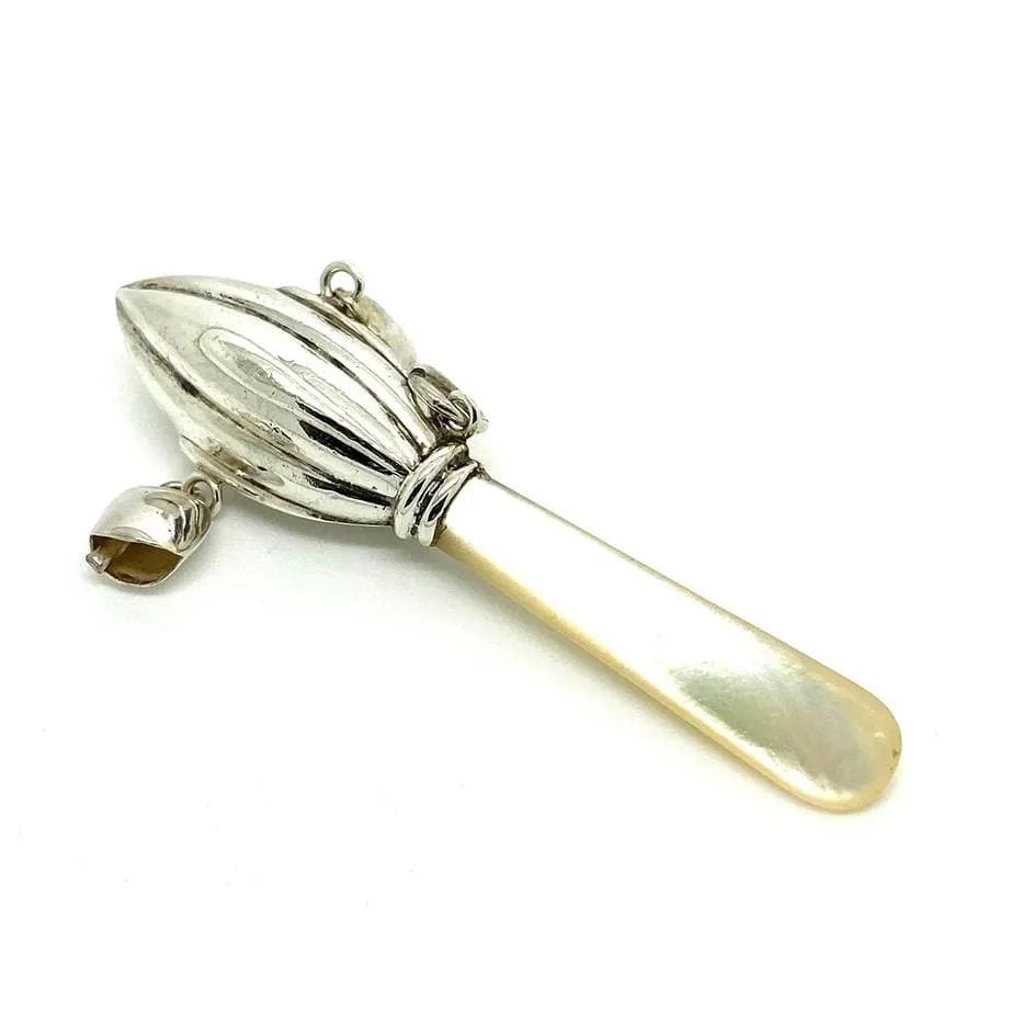 Edwardian 1906 Sterling Silver and Mother of Pearl Antique Baby Rattle, view 2