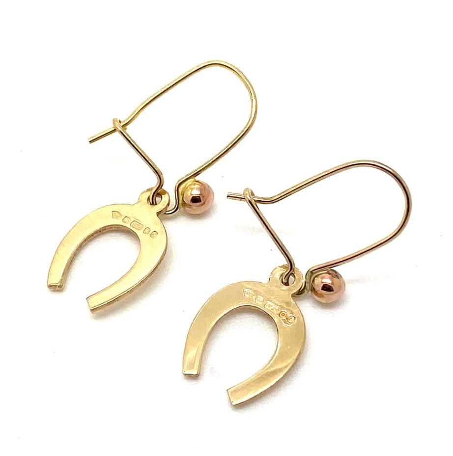 Antique 1970s 9ct Rose Gold Good Luck Horseshoe Drop Earrings, view 3