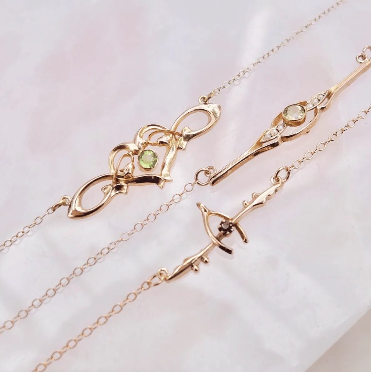 Antique Art Nouveau Peridot 9ct Gold Heart Necklace, view 2