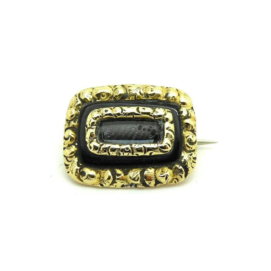 Antique c.1860s Victorian 9ct Gold Mourning Brooch with Enamel Hairwork