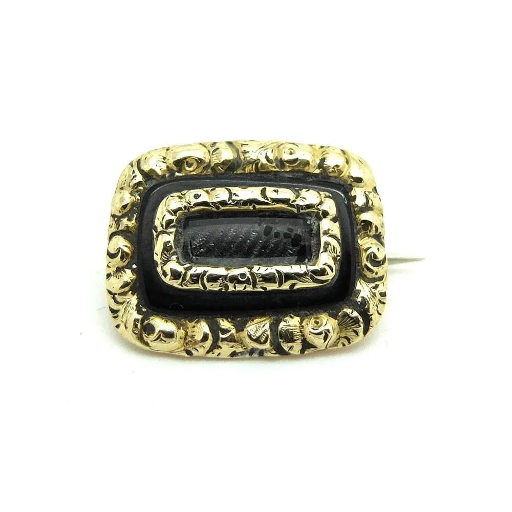 Antiguo broche de luto victoriano de oro de 9 quilates con trabajo de esmalte y cabello, de alrededor de 1860