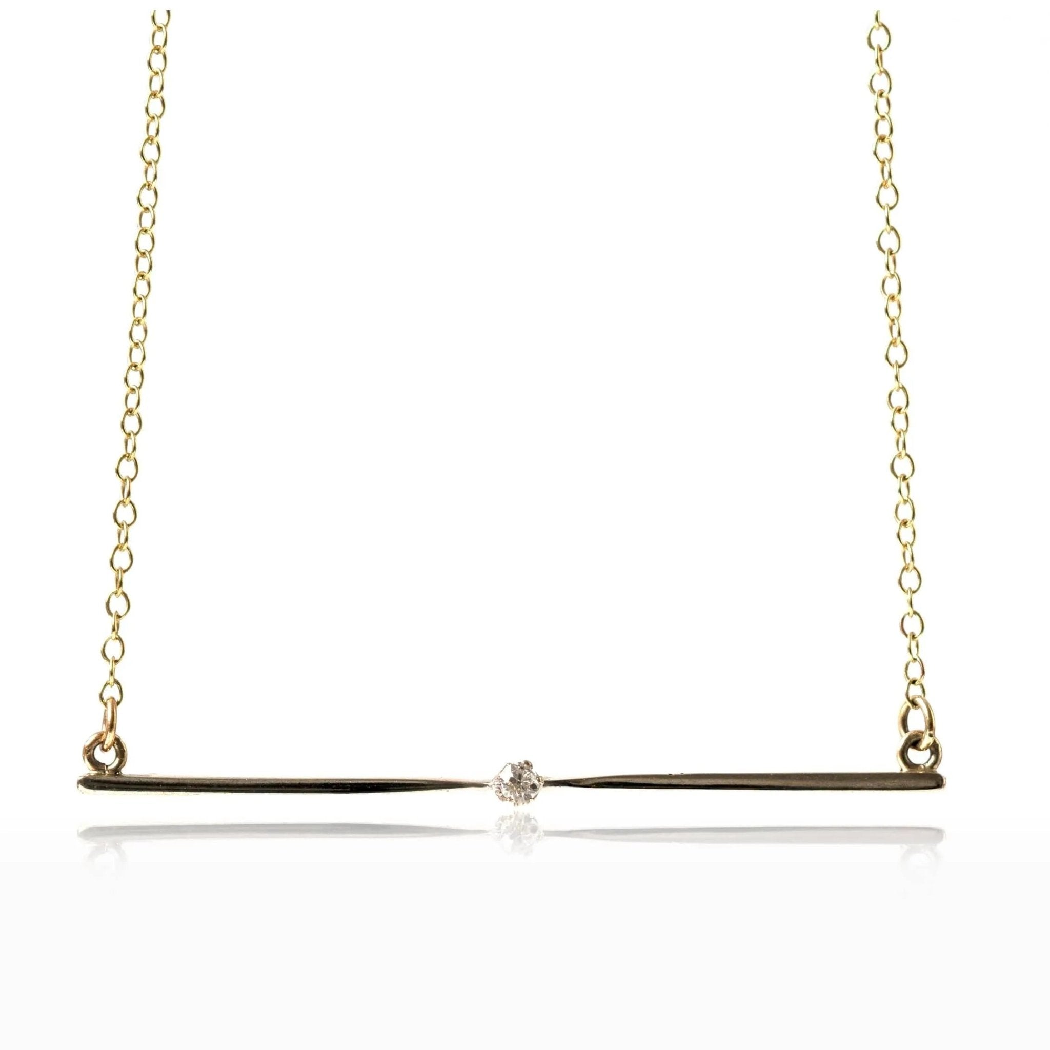 Edwardian Solitaire Diamond 15K Gold Antique Bar Necklace