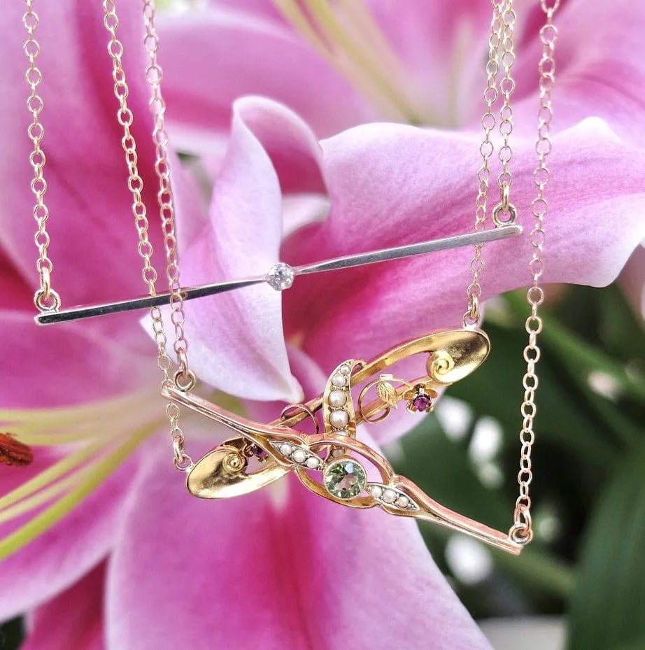 Edwardian Solitaire Diamond 15K Gold Antique Bar Necklace, view 6