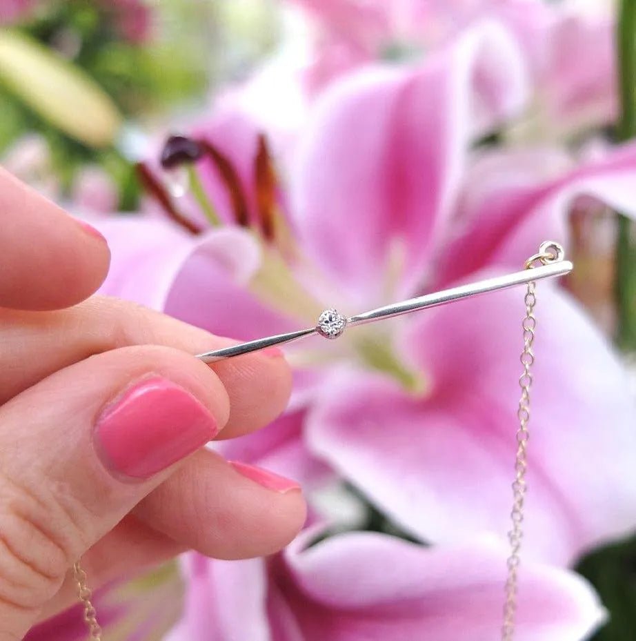 Edwardian Solitaire Diamond 15K Gold Antique Bar Necklace, view 5