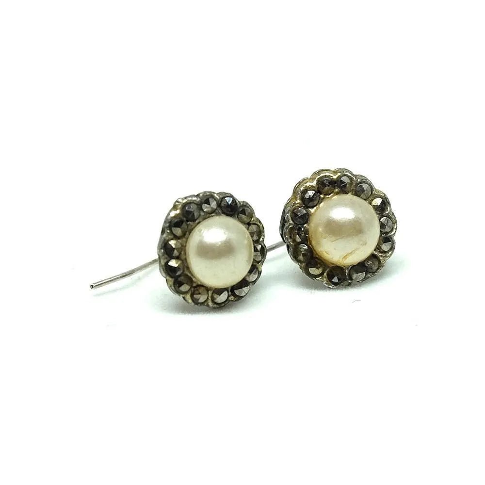 Antique Edwardian Marcasite & Faux Pearl Silver Earrings, view 5