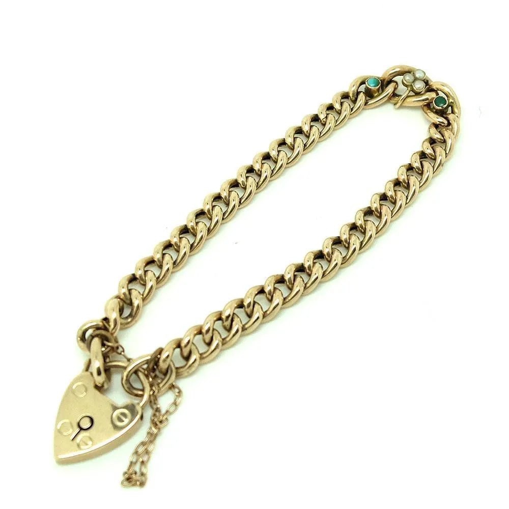 Antique Edwardian Turquoise 9ct Gold Chain Heart Bracelet, view 12