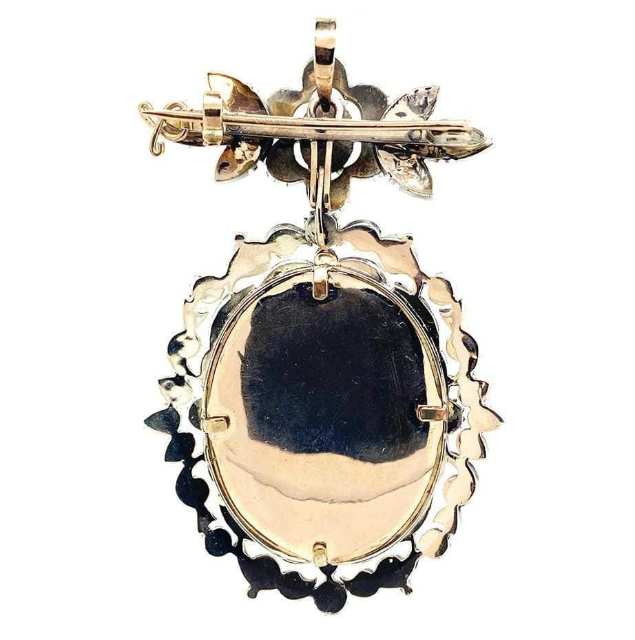Georgian 1.5 Carat Rose Cut Diamond Silver and 9K Rose Gold Virgin Mary Antique Brooch Pendant, view 4
