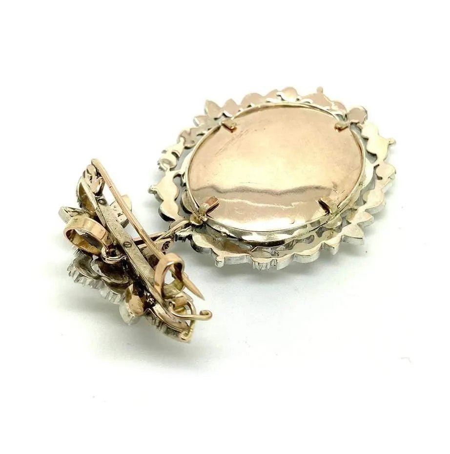 Georgian 1.5 Carat Rose Cut Diamond Silver and 9K Rose Gold Virgin Mary Antique Brooch Pendant, view 7