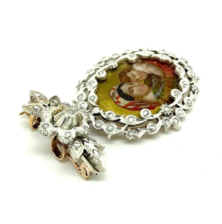 Georgian 1.5 Carat Rose Cut Diamond Silver and 9K Rose Gold Virgin Mary Antique Brooch Pendant, view 8