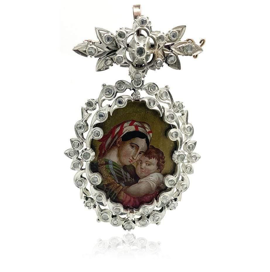Georgian 1.5 Carat Rose Cut Diamond Silver and 9K Rose Gold Virgin Mary Antique Brooch Pendant