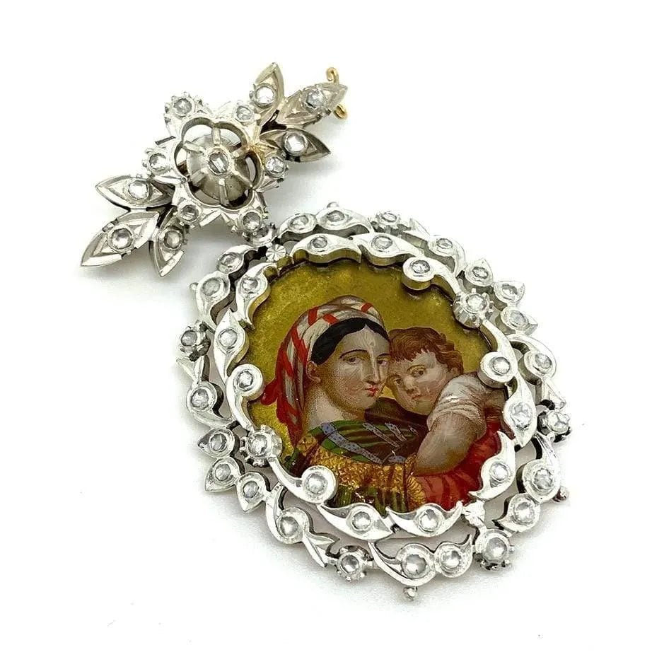 Georgian 1.5 Carat Rose Cut Diamond Silver and 9K Rose Gold Virgin Mary Antique Brooch Pendant, view 10