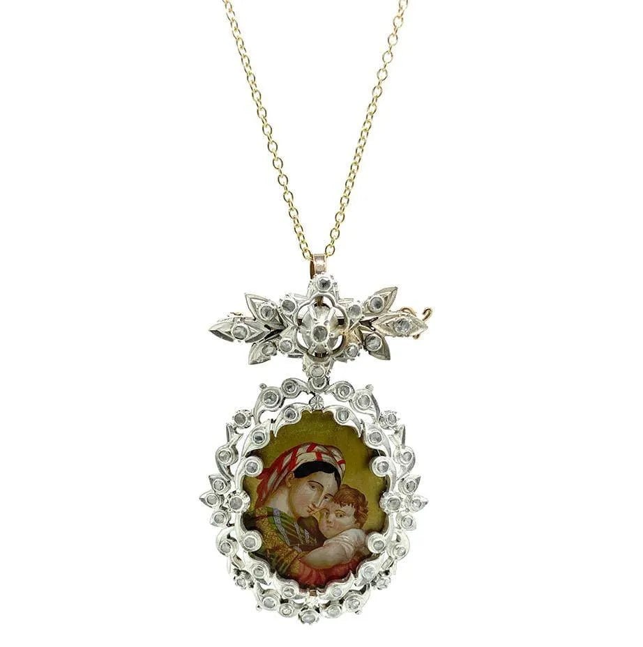 Georgian 1.5 Carat Rose Cut Diamond Silver and 9K Rose Gold Virgin Mary Antique Brooch Pendant, view 6
