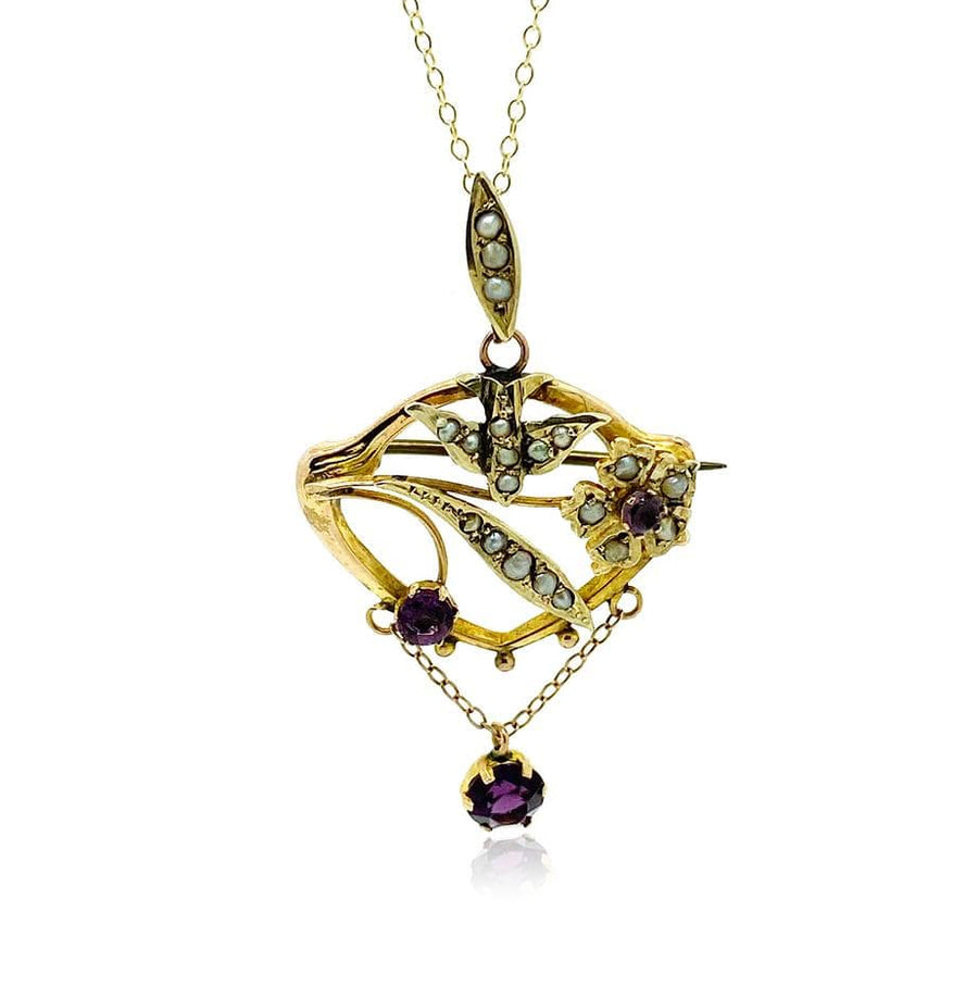 ANTIQUE Necklace Antique 1919 Swallow Seed Pearl Amethyst 9ct Gold Necklace