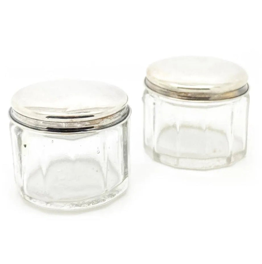Antique Pair of Art Deco Sterling Silver & Glass Jewellery Pots