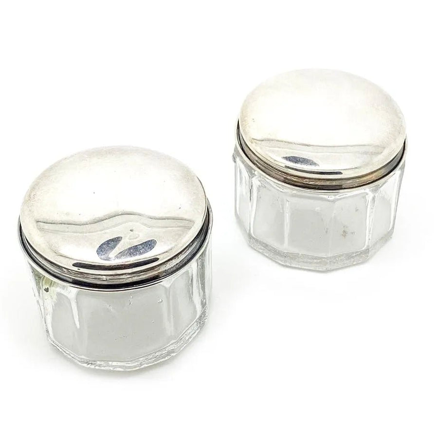 Antique Pair of Art Deco Sterling Silver & Glass Jewellery Pots
