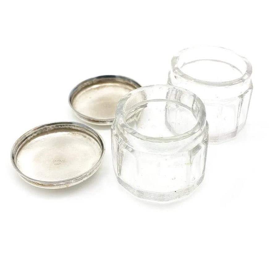 Antique Pair of Art Deco Sterling Silver & Glass Jewellery Pots