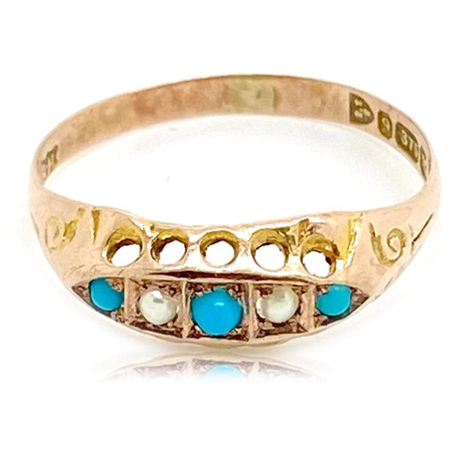 ANTIQUE Ring Antique 1917 Turquoise Pearl 9ct Gold Ring