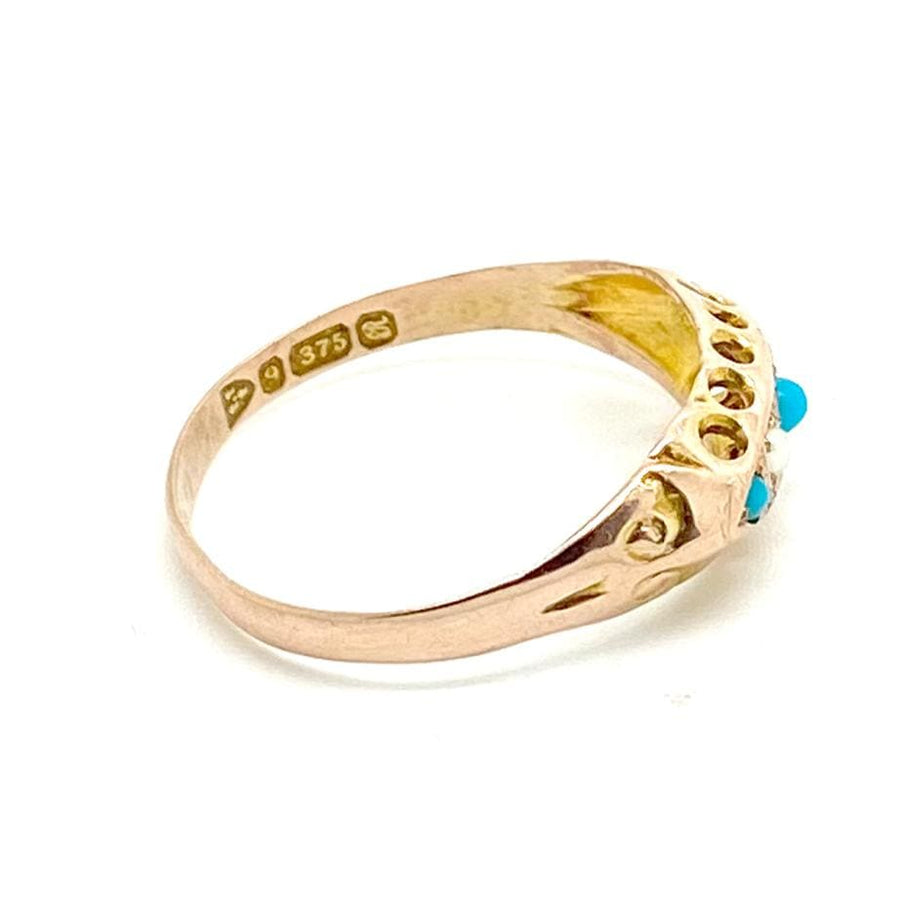 ANTIQUE Ring Antique 1917 Turquoise Pearl 9ct Gold Ring