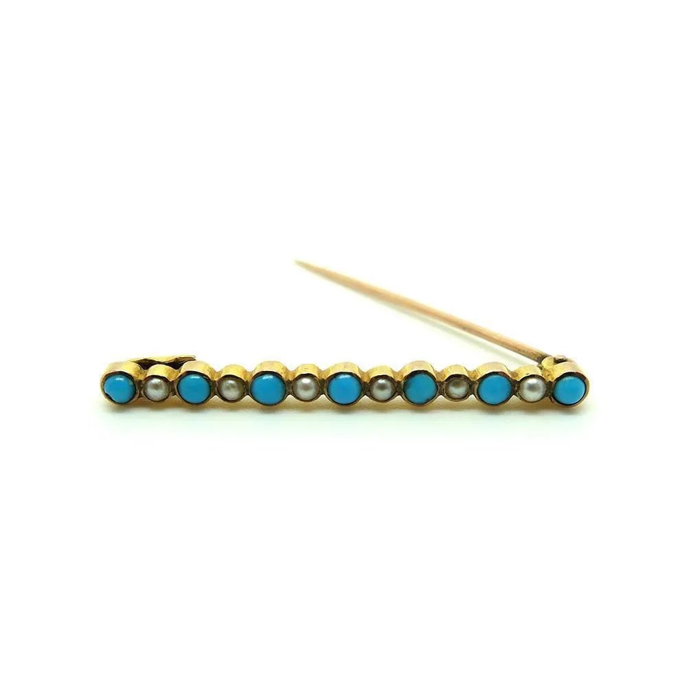 Antique Victorian (1837-1901) Pearl & Turquoise Gold Bar Brooch, view 2