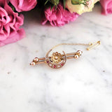 Antique Victorian 1890 Ruby Pearl Bar 9ct Gold Crescent Brooch