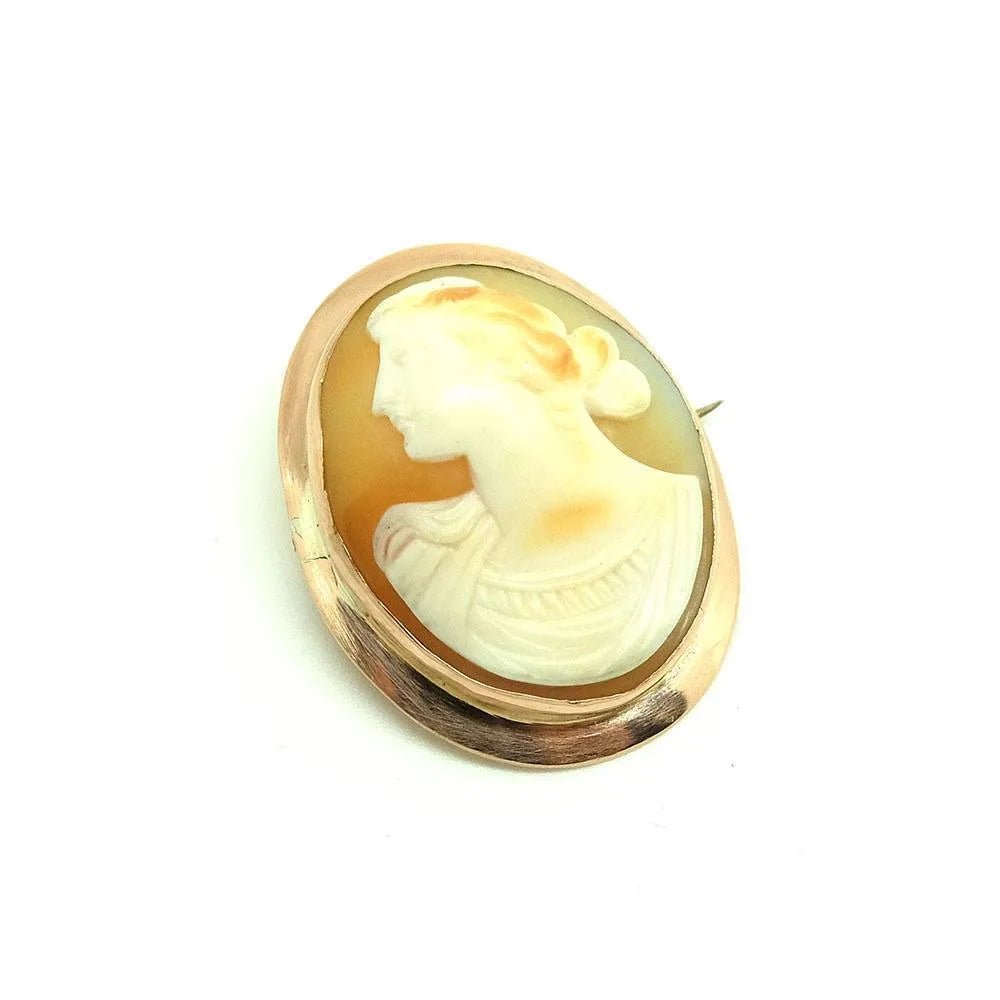 Victorian Carved Shell Cameo 9K Rose Gold Antique Brooch, view 8