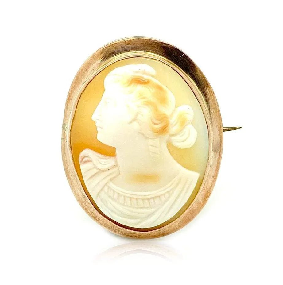 Victorian Carved Shell Cameo 9K Rose Gold Antique Brooch