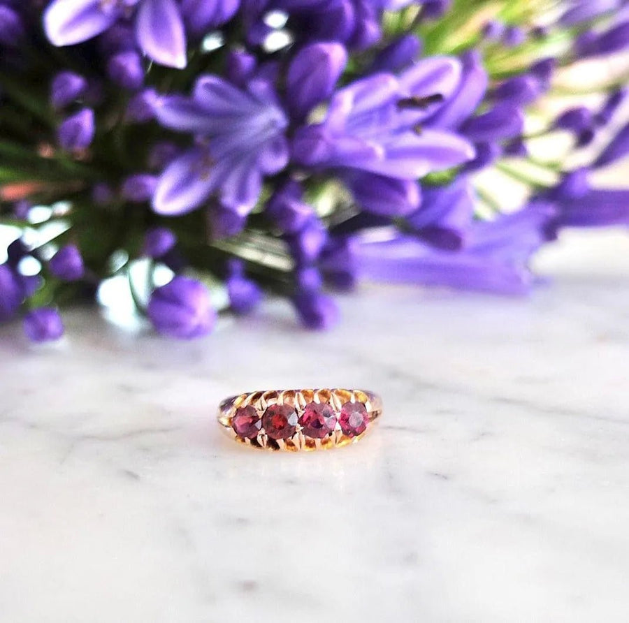 Antique Victorian 9ct Rose Gold Four - Stone Garnet Ring