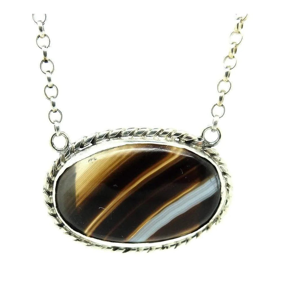 Antique Victorian Banded Agate Silver Necklace