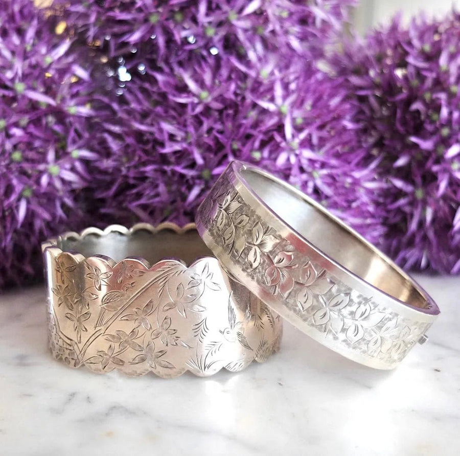 Antique Victorian Ivy Silver Bangle Bracelet