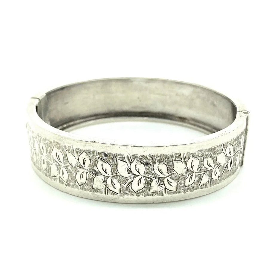 Antique Victorian Ivy Silver Bangle Bracelet