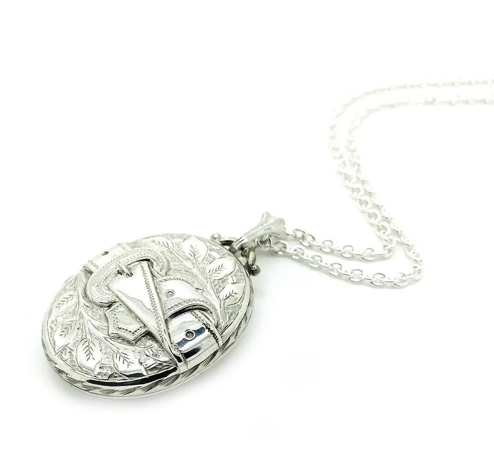 Antique Victorian Large Silver Buckle Locket Necklace, view 6