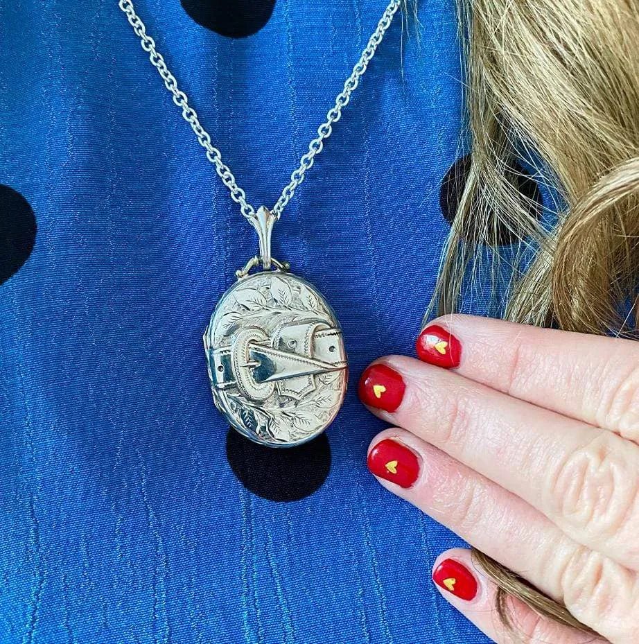 Antique Victorian Large Silver Buckle Locket Necklace, view 2